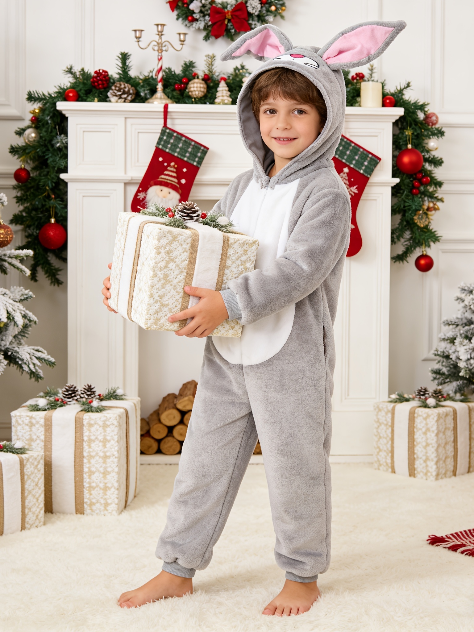 Children's Cute Rabbit Halloween Costume, Plush Hooded Jumpsuit